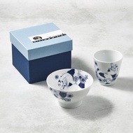 日本澤藍美濃燒｜花園藍貓杯碗-禮盒組(2件式)