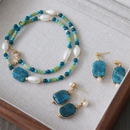 Handmade wound natural apatite freshwater pearl necklace earring and earring set