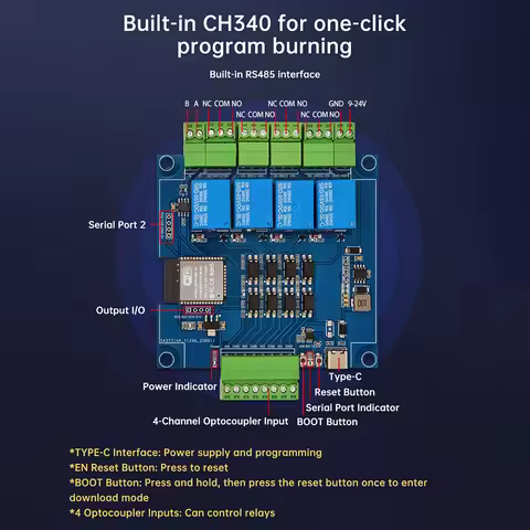 DC 9-24V 4/8 Channel ESP32 Modbus Relay RS485 Optocoupler Isolation Optional Enclosure Power Supply 