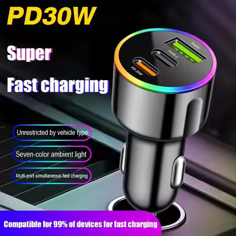 60W 3 Ports Car Charger Fast Charging PD30W USB Type C Charger Dual USB-C USB-A Car Phone Charger Ad