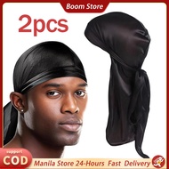 2pcs Pirate Hat Silk Durag Hat For Men Women Bandana Durag Cap Fashion Extra Long Headwrap Black