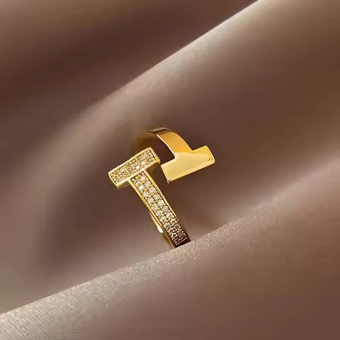 Women's 24K Gold Double T - Shaped Adjustable Ring | Double - layer T - design, enamel - accented, v