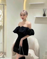 [Voucher 50k Freeship Max 0 đồng toàn quốc] Đầm tiểu thư trễ vai hai màu đen trắng đơn giản đầm đi t