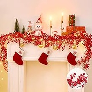 Waipfaru 2Pcs Red Berry Garland, 6.2FT Artificial Christmas Garland with Lights, Fuller Christmas Tree Garland, Christmas Decorations for Indoor Outdoor Home Gate Table Fireplace New Year Decor