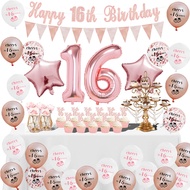 43Pcs Rose Gold Cheers 16th Birthday Party Balloon Set,Number Balloons,Cake Toppers,Banner, Optional