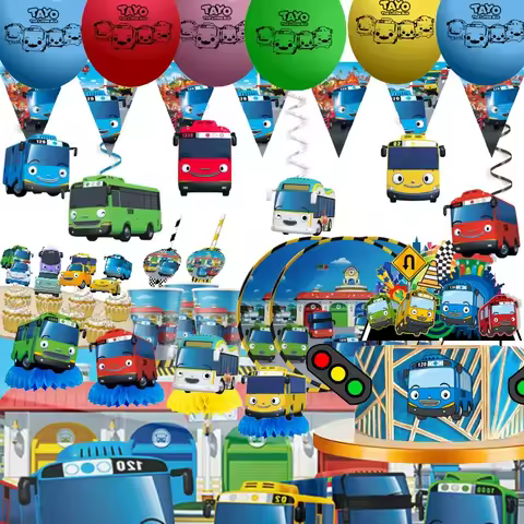 Cartoon Tayo the Little Bus Car gender reveal Party Decoration Balloon Banner Backdrop Cake Supplies