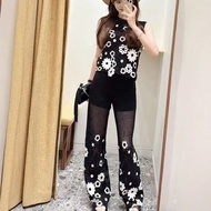 KM8Q Self-Portrait Summer Fashion Retro Daisy Flower Hollow Embroidery Knitted Vest Top+Trousers Sui