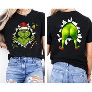 F169 Funny Grinch Natal TShirt Depan-Belakang Santa Grinch Unisex 100% Kapas Lengan Pendek Warna Ber