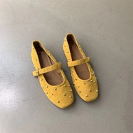 Sweet Fairy Mary Jane รองเท้าภาษาฝรั่งเศสคําสไตล์กํามะหยี่ Rivet Square HEAD SLIP-ON BUCKLE รองเท้าน