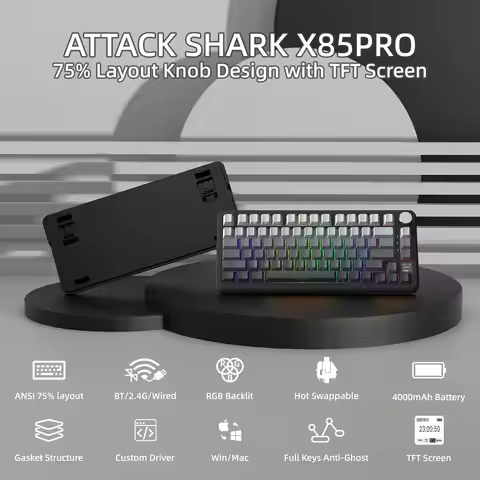 ATTACK SHARK X85Pro 75% Mechanical Keyboard with Screen & Knob Hot Swappable Wireless 2.4GHz/Bluetoo