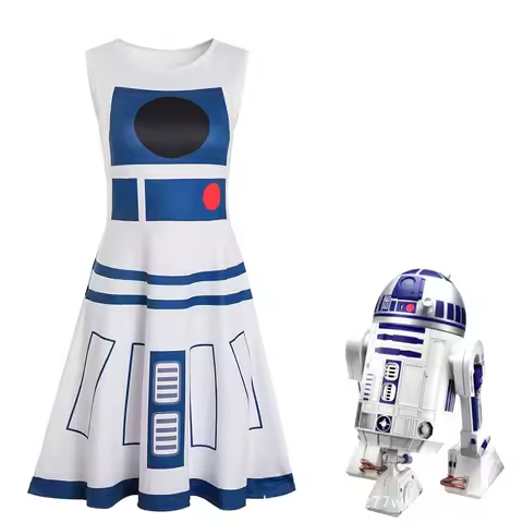 Anime R2-D2 Robot Cosplay Costume White Crew Neck Sleeveless Vest Dresses Halloween Carnival Cosplay