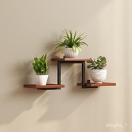 Wall-Mounted Storage Rack Wall-Mounted Flower Rack Iron Solid Wood Retro Partition Shelf Shelf Shelf Decoration Multi-La