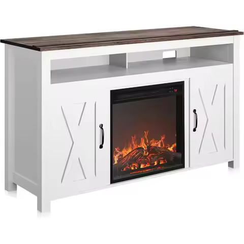 Modern 48" Barn Door Wood TV Stand with 18" Electric Fireplace Heater & Media Entertainment Center C