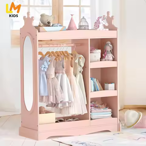 Wooden Montessori Pink Kids Girl Small Size Kids Clothes Wardrobe Nursery Room Storage Organiser Cab