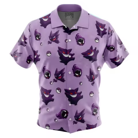 2026 Gengar Pattern Pokemon Button Up Hawaiian Shirt Leisure Dry Quickly Men's Shirt Kid's Clothing 