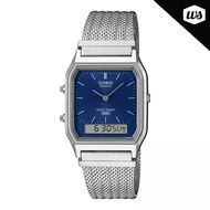 [Watchspree] Casio Analog-Digital Vintage Style Square Dial Dual Time Stainless Steel Mesh Band Watc