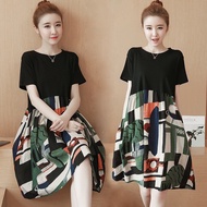 [M-5XL] Korean Version Plus Size Dress Geometric Print Patchwork Dress Loose Fashion t-Shirt Women's Clothing