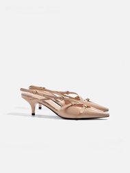 Miu Home Pointed Toe รองเท้าส้นสูงรองเท้าแตะ ผู้หญิง Retro Cover Head Low Cut Small Cat Heel Back He