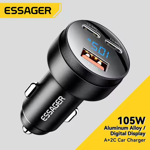 Essager 105W Digital Display Fast Car Charger For iPhone 15 14 pro MacBook USB A C Quick Charger For