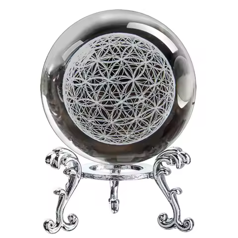 3D Laser Engraved Life Flower Crystal Ball Paperweight Chakra Energy Healing Grid Flower Globe for S