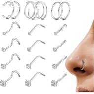 LOYALLOOK 18Pcs Nose Rings Studs - 316L Surgical Steel 14K Gold Plated Nose Studs Double Hoop Nose R