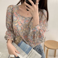 Ready Stock Flower Blouse Women Korean Style Puff Sleeve Chiffon Shirt Loose Square Collar Small Flo