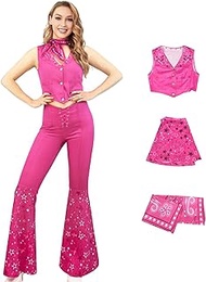 Pink Cowgirl Outfit 70s 80s Hippie Disco Flare Pants Halloween Cosplay Costume for Women