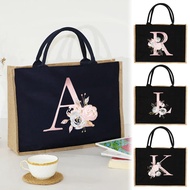 Jute Bag Handbag Linen Shoulder Bag Burlap handbags Women Shopping Laminated Bags Pink Flowers and L