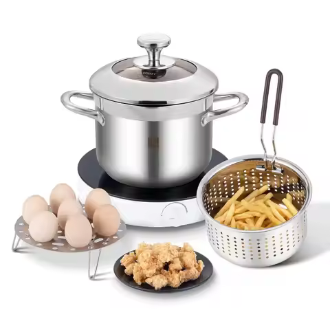 Deep Fryer Pot with Basket and Lid,4.0L 4.2QT 304 Stainless Steel Standard Capacity Multifunction Co