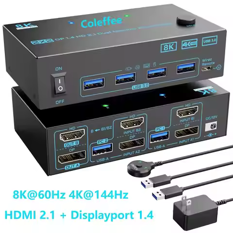 4K@144Hz KVM Switch 2 Monitors 2 Computers 8K@60Hz,HDMI +Displayport Dual Monitor with 4 USB 3.0 Por
