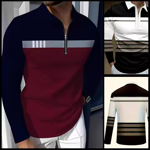 Men's Clothes Spring Autumn Long Sleeve Casual Zipper Polo Shirt Men Spell Color Tops 100% Plyester 