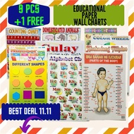 9 pcs PLUS 1 FREE Educational Chart Wall Paper Poster for kids(abc, abakada,count,1-100 ,colors,shap