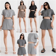 ️ Best DEAL ️ PREMIUM ORIGINAL! Premium~brinley 2 IN 1 KNIT SET~TEXTURE PATTERN CROP BLOUSE WITH SHORT SKORT/SHORT Top &amp; KNIT Pants Skirt Suit