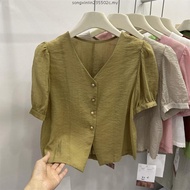 blouse cute korean style puff sleeve puff sleeve blouse French Puff Sleeve V-Neck Short Sleeve Top -