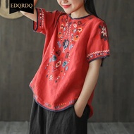 EDQRDQ ผู้หญิงเสื้อปักผ้าฝ้ายลินินแขนสั้นชาวนา Boho เม็กซิกัน Tunic Top Casual T เสื้อ