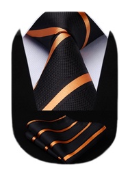 HISDERN Stripe Tie Mens Ties with Pocket Square Set Classic 3.4'' Silk Formal Necktie Handkerchief f