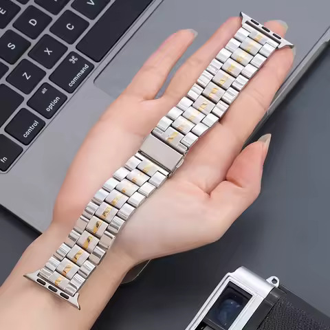 Compatible with Apple Watch Series 9/8/SE, three-bead stainless steel metal watch strap, Huawei GT4/