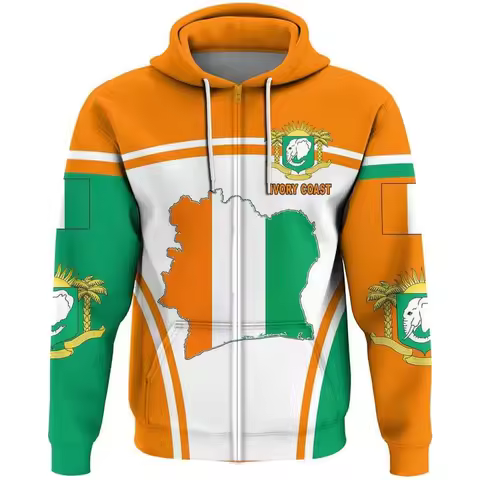 Ivory Coast Map Flag Zip Up Hoodies For Men Clothes Africa Zone National Emblem Tracksuit Animal Ele
