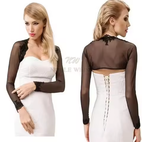 Summer Collection Long Sleeve Black Bolero Formal Bridal Lace Jacket High Quality Tulle Wedding Bole