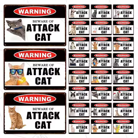 Pet Shop Warning Sign Beware of The Attack Cat Metal Sign Animals Tin Plate Pet Shop Wall Sticker De
