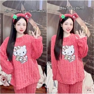 HELLO KITTY Cotton Set - Thermal Fur Pajamas, Hello Kitty Fur Pajamas, Women's Cream Fur Pajamas (wh