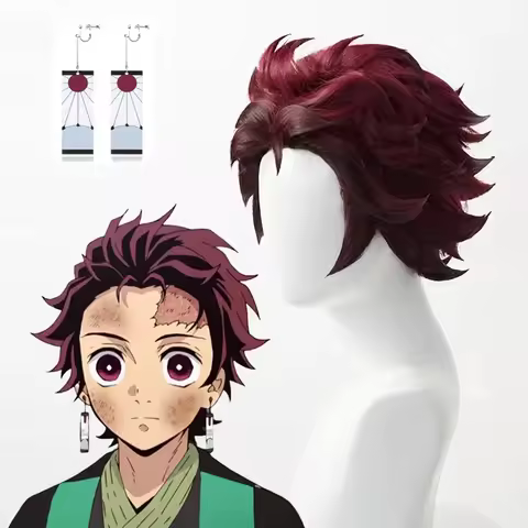 Demon Slayer Tanjiro Kamado Short Chestnut Brown Heat Resistant Hair Cosplay Costume Wig synthetic