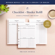 Daily Checklist, Weekly Checklist - Binder Refill, Loose Leaf, 6 Holes, 20 Holes, A5, A6, Planner