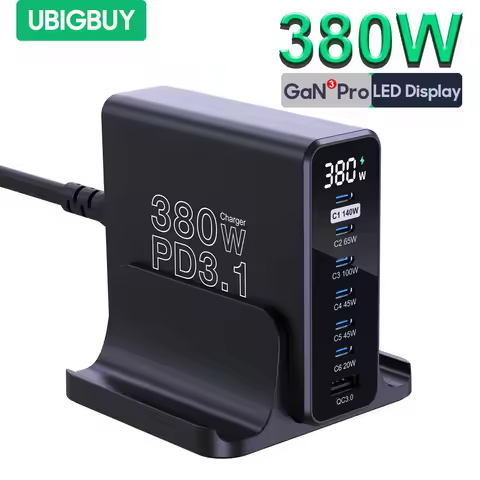 Ubigbuy 380W GaN USB C Charger PD 3.1 140W 100W PPS 45W Fast Charging Station LCD Display for iPhone