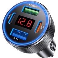 Car Charger USB C Fast Charge, 4 Port 78W Metal Car Phone Charger with Voltmeter, 2 USB-C & 2 USB-A 