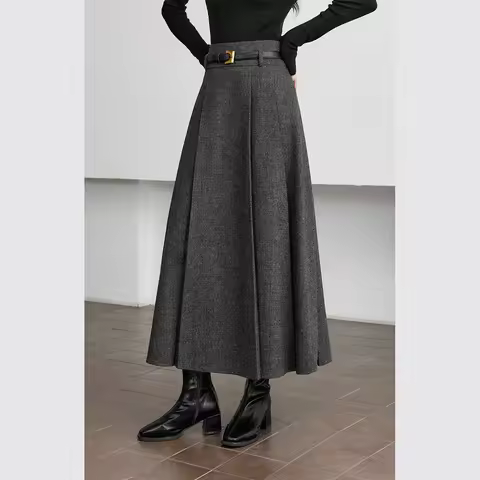 VIMLY Elegant Wool Blend Pleated Maxi Skirt for Women 2025 Winter High Waist Stereo Heavy Duty Skirt