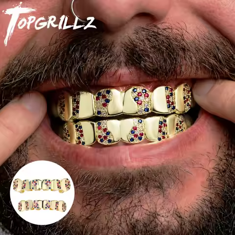 TOPGRILLZ Half Iced Grillz Set USA Flag Red Blue White CZ Half Mirror 6 Teeth Top Bottom Hip Hop Gri