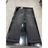 Chrome Hearts Cross Patchwork Leather Jeans High Street Fashion Men's Straight Jeans