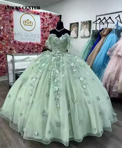 BOMARIS Green Princess Ball Gown Quinceanera Dresses Vestidos De 15 Anos XV Glittering 3D Flower Lac