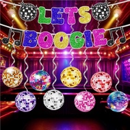 80's 90s Disco Themed Party Decorations Let's Boogie Banner Disco Ball Hanging Swirls Backdrop 70s H